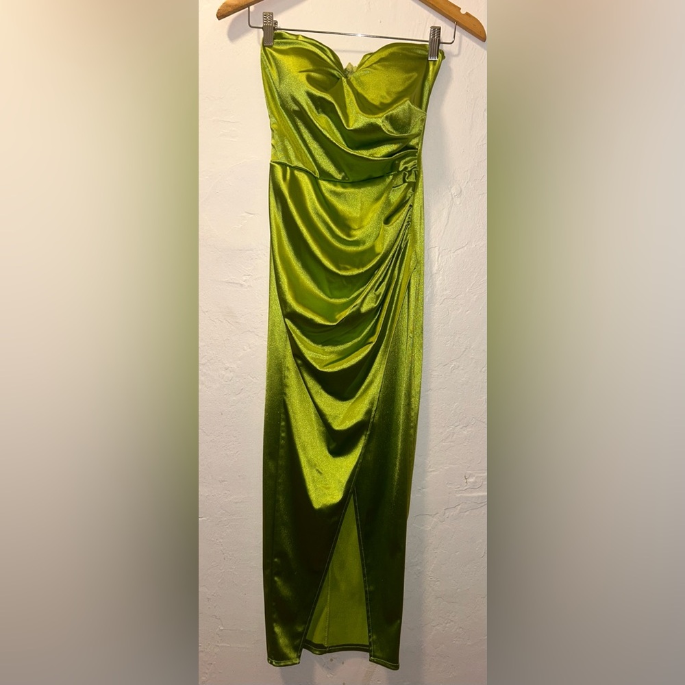 Metallic Lime Green Strapless Satin Maxi Dress